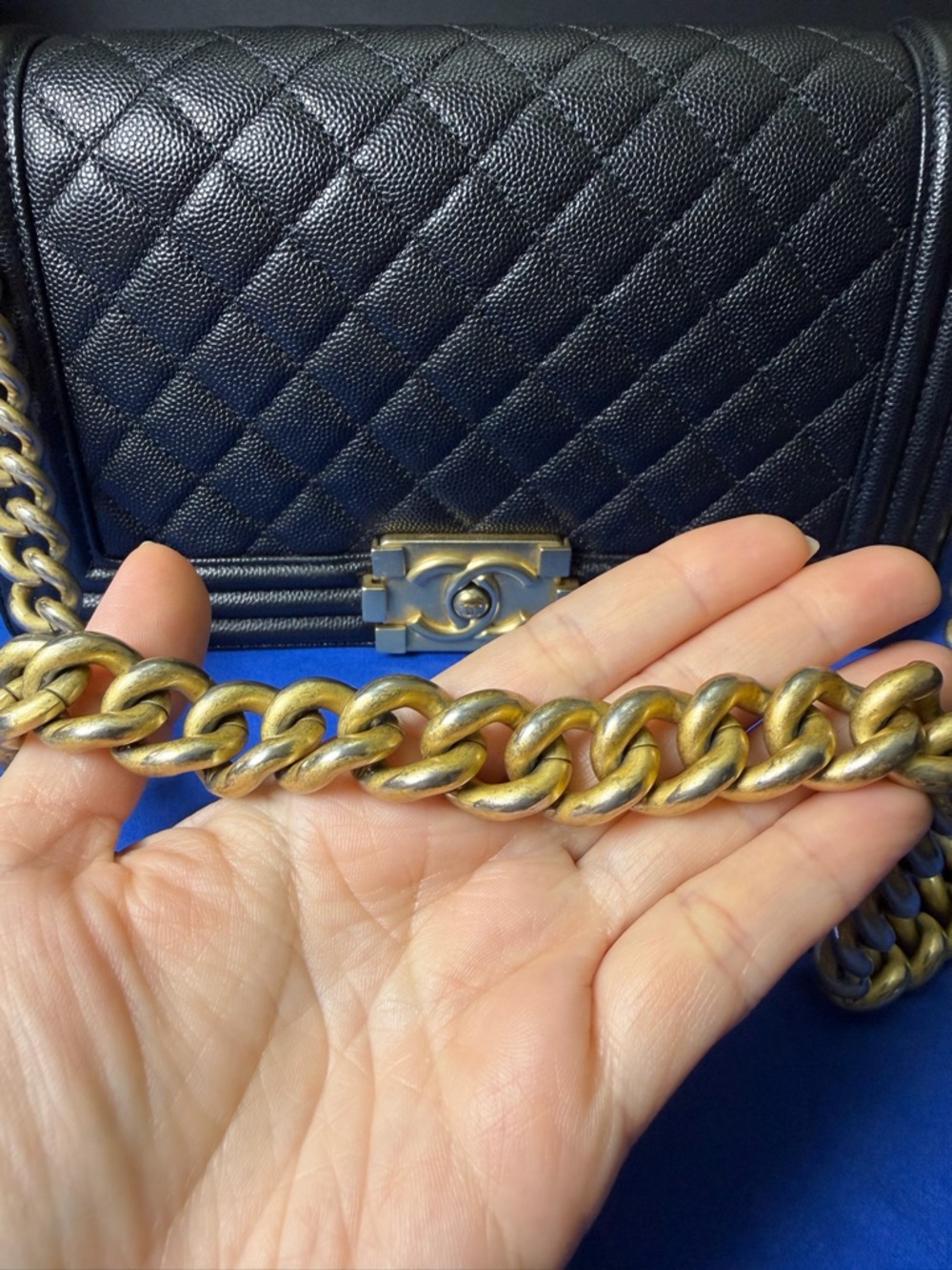 Authentic Chanel Boy Quilted Bag, Black Caviar Leather with Gold Hardware - Picture 15 of 16